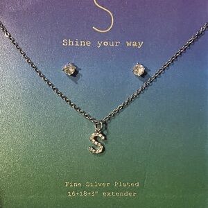 Silver Plated Initial S Necklace and Earring Set